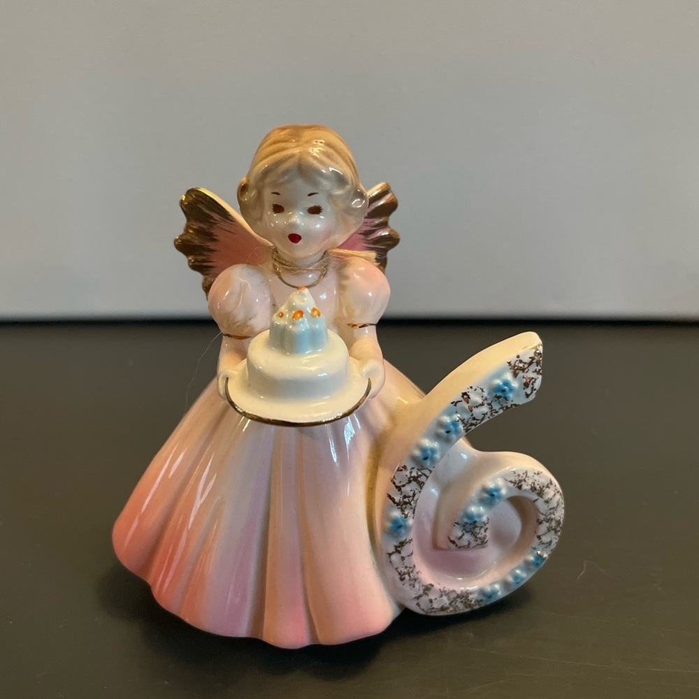 VTG Josef Originals Angel Figurine with Cake - Pink and Gold 6th Birthday